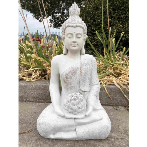 80cm Sitting Buddha with Flower Ball White Fiberglass